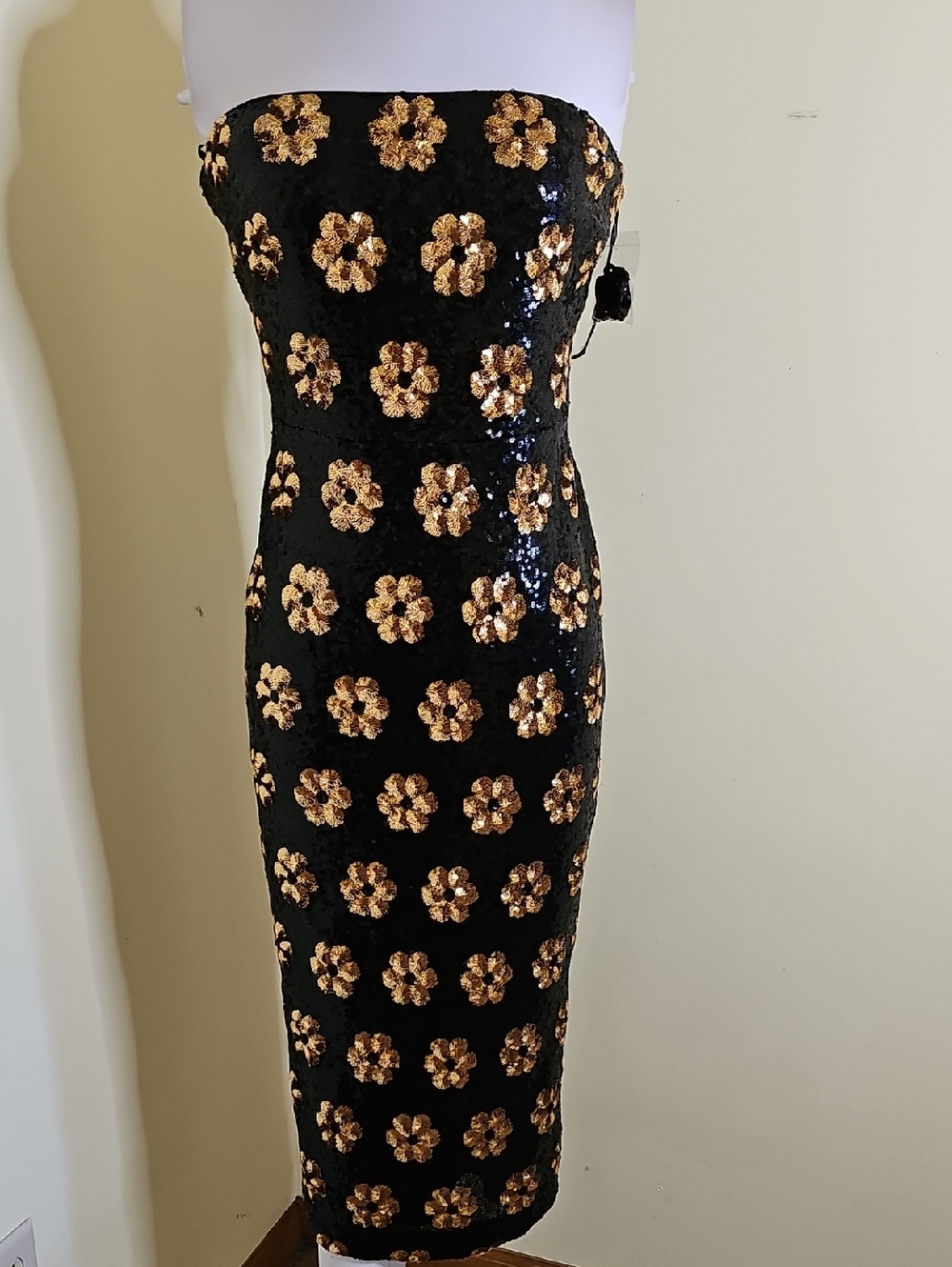 Alex Marie Black Strapless Sequin Midi Dress with Gold Floral Motif